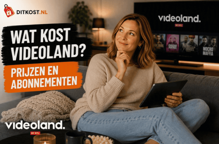 Wat kost Videoland? Ditkost.nl-afbeelding met Sanne ontspannen op een bank met een tablet, terwijl Videoland op de televisie staat.