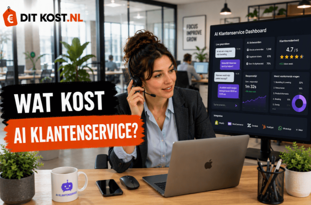 Ditkost.nl-afbeelding over de kosten van AI-klantenservice, met Sanne achter een laptop en een dashboard met klantgesprekken en supportstatistieken.
