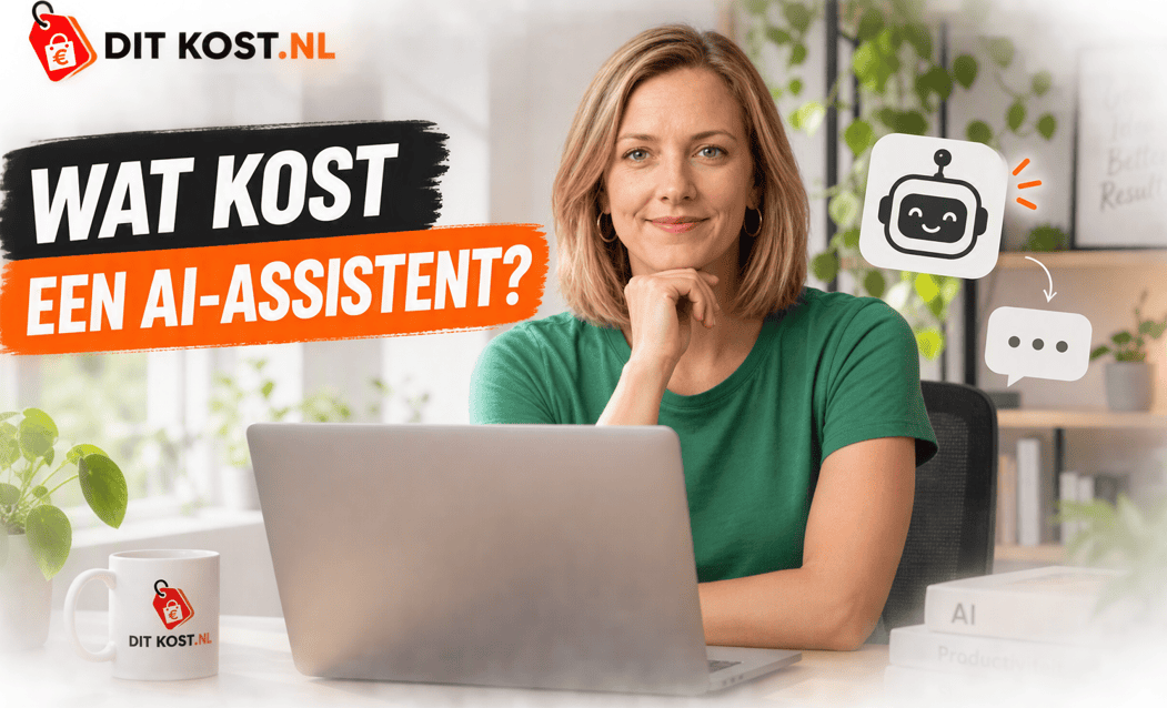 Blogafbeelding voor DitKost.nl met een persoon achter een laptop in een licht en modern thuiskantoor. Op de afbeelding staat prominent de titel 'Wat kost een AI-assistent?' in de herkenbare zwart-oranje DitKost.nl-stijl. De ruimte is gevuld met natuurlijk daglicht, planten en subtiele AI-elementen, waardoor een professionele en toegankelijke sfeer ontstaat die goed aansluit bij artikelen over AI-tools, productiviteit en kostenvergelijkingen.