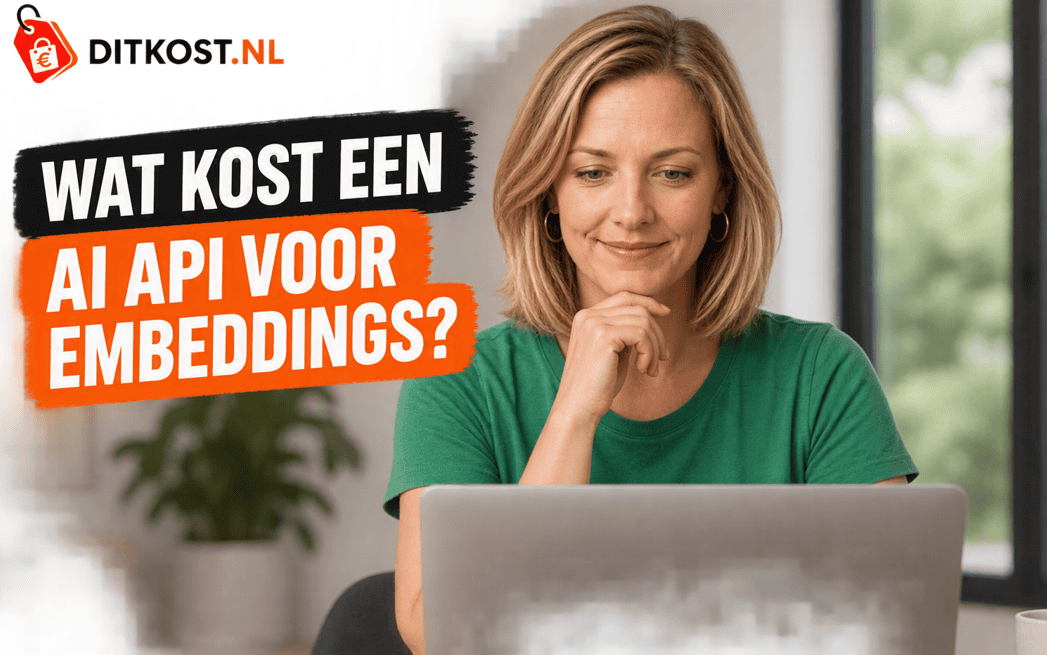 Wat kost een AI API voor embeddings? Persoon werkt achter een laptop in moderne DitKost.nl-stijl met duidelijke titel over embeddings API-kosten.