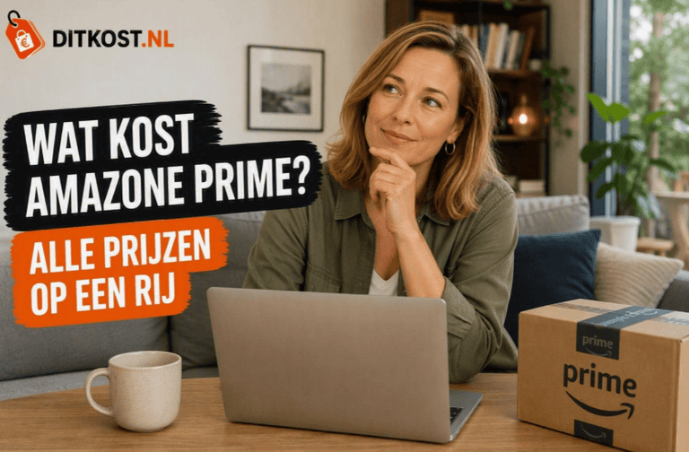 Visual met de titel ‘Wat kost Amazon Prima?’ links, een persoon achter een laptop aan een tafel in een realistische woonkamer en een prijsoverzicht van Amazon Prime rechts.