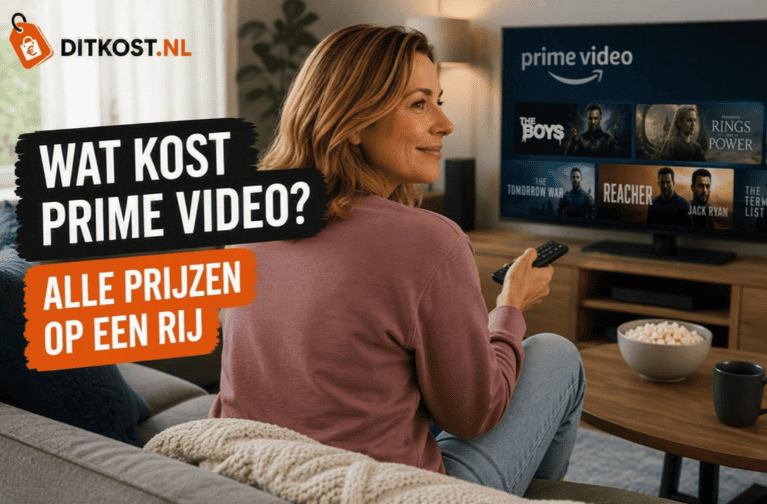 Sanne zit zijwaarts op een bank met een afstandsbediening in de hand, gericht naar een televisie met Prime Video. Links staat de titel ‘Wat kost Prime Video?’ in zwarte en oranje tekstvlakken.