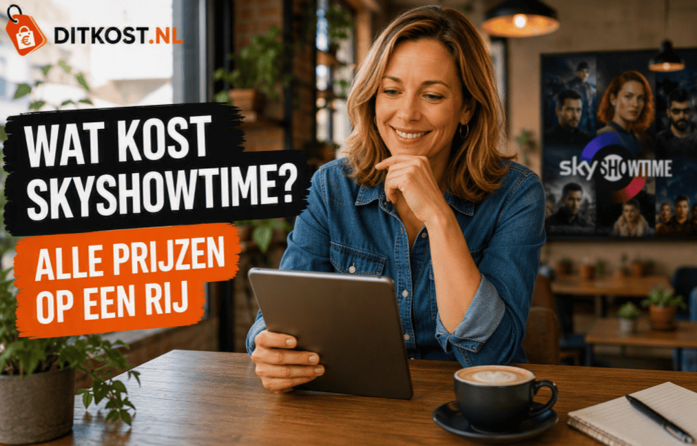 Persoon zit aan een tafel met een tablet in de hand in een moderne lounge- of koffiebaromgeving. Links staat de titel ‘Wat kost SkyShowtime?’ in de herkenbare Ditkost.nl-stijl.