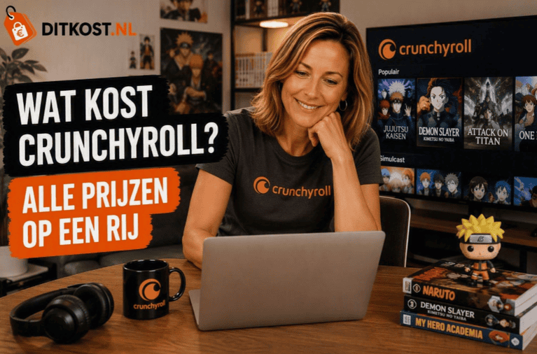 Sanne zit achter een laptop in een animekamer met mangaboeken, een koptelefoon en een televisiescherm waarop Crunchyroll zichtbaar is. Links staat de titel ‘Wat kost Crunchyroll?’ in de herkenbare Ditkost.nl-stijl.