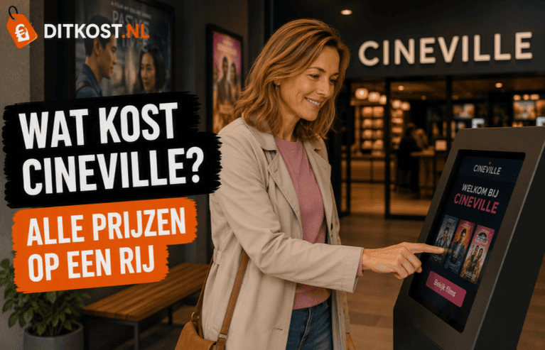 Persoon staat bij een digitale zuil in de entree van een bioscoop met Cineville-branding. Links staat de titel ‘Wat kost Cineville?’ in de herkenbare Ditkost.nl-stijl.