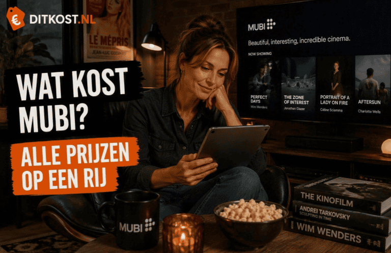 Sanne zit in een comfortabele fauteuil in een sfeervolle filmkamer en houdt een tablet vast. Op de achtergrond staat MUBI op een televisie en links staat de titel ‘Wat kost MUBI?’ in de herkenbare Ditkost.nl-stijl.