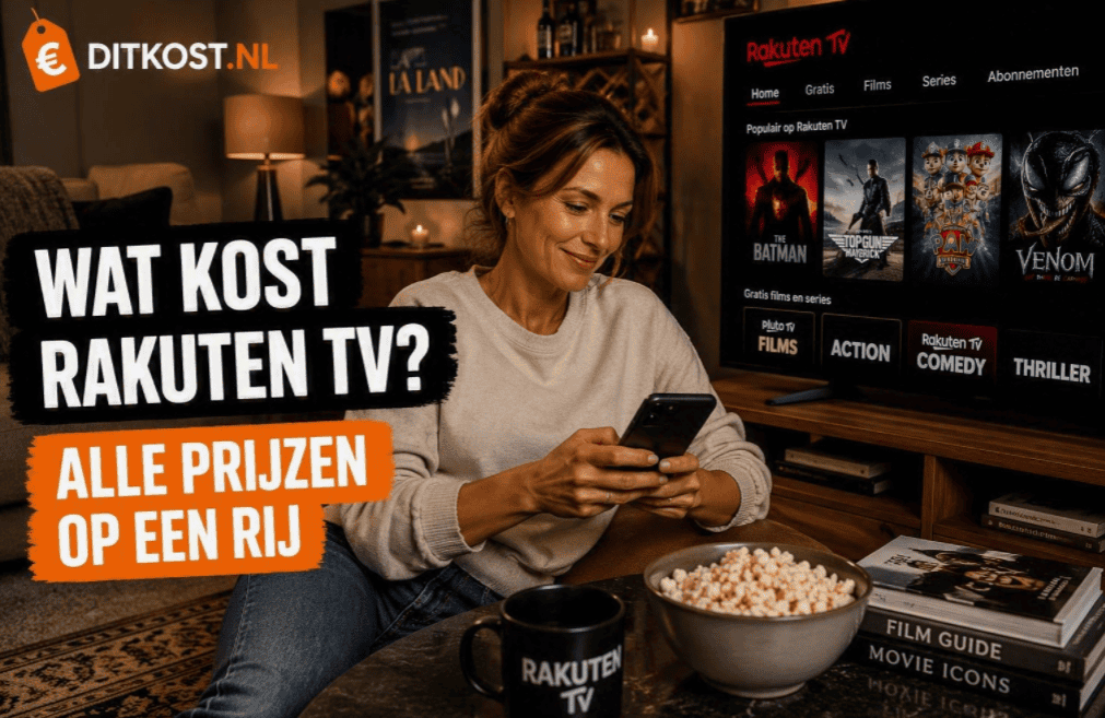 Sanne zit in een moderne filmhoek van de woonkamer en kijkt op haar smartphone. Op de achtergrond staat Rakuten TV op een groot televisiescherm en links staat de titel ‘Wat kost Rakuten TV?’ in de herkenbare Ditkost.nl-stijl.