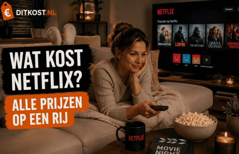 Persoon ligt languit op een comfortabele bank in een moderne thuisbioscoop en houdt een afstandsbediening vast. Op de achtergrond is Netflix zichtbaar op een groot televisiescherm. Links staat de titel ‘Wat kost Netflix?’ in de herkenbare Ditkost.nl-stijl.