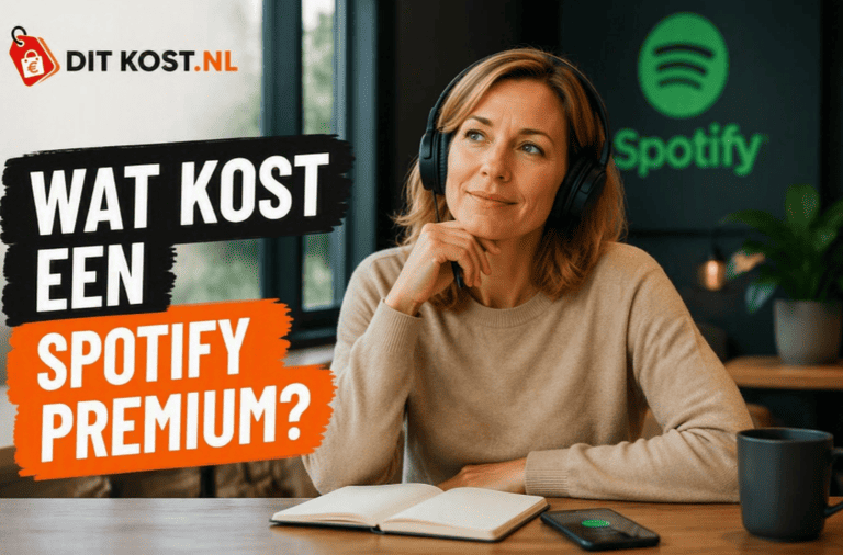 Sanne zit met een zwarte koptelefoon aan een houten tafel in een moderne werkruimte. Links staat de tekst “Wat kost een Spotify Premium?” en op de achtergrond is het groene Spotify-logo zichtbaar.