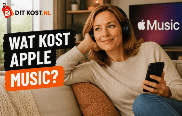Persoon met een zwarte hoofdtelefoon zit ontspannen op een bank met een smartphone in de hand. Links staat de tekst “Wat kost Apple Music?” in de herkenbare Ditkost.nl-stijl en op de achtergrond is Apple Music zichtbaar op een televisiescherm.