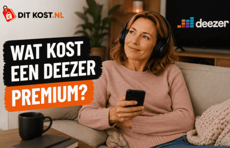 Persoon met een zwarte hoofdtelefoon zit ontspannen op een bank en houdt een smartphone vast. Links staat de titel “Wat kost een Deezer Premium?” in de Ditkost.nl-stijl. Op de achtergrond is het Deezer-logo zichtbaar op een televisiescherm.
