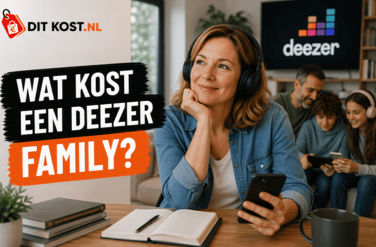 Persoon met een zwarte hoofdtelefoon zit aan een tafel met een smartphone in de hand. Links staat de titel “Wat kost een Deezer Family?” in de Ditkost.nl-stijl. Op de achtergrond zijn meerdere gezinsleden zichtbaar en staat het Deezer-logo op een scherm.