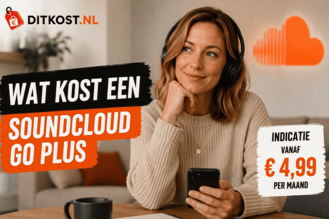 Persoon met koptelefoon en smartphone in een realistische huiskamer, met het Ditkost.nl-logo, de titel “Wat kost een SoundCloud Go Plus” en het SoundCloud-logo op de achtergrond.