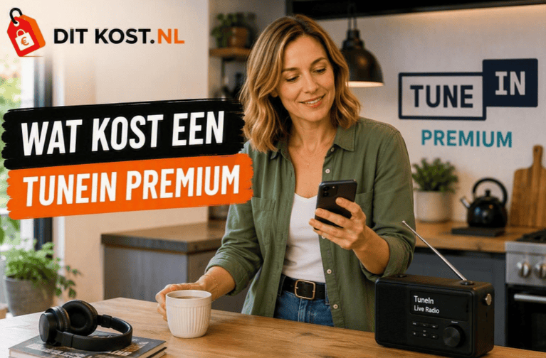 Persoon staat met een smartphone en een kop koffie bij een keukenblad, naast een radio en koptelefoon, met het Ditkost.nl-logo, de titel “Wat kost een TuneIn Premium” en het TuneIn Premium-logo op de achtergrond.