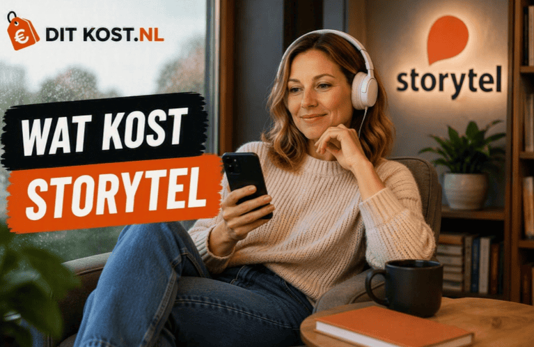 Sanne luistert met een koptelefoon naar Storytel op een smartphone in een sfeervolle leeshoek, met links de titel “Wat kost Storytel” en rechts het Storytel-logo.