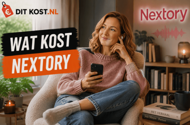 Sanne zit ontspannen in een fauteuil met een smartphone en draadloze oordopjes, terwijl op de achtergrond een boekenkast en het Nextory-logo zichtbaar zijn. Links staat de titel “Wat kost Nextory” in de herkenbare Ditkost.nl-stijl.