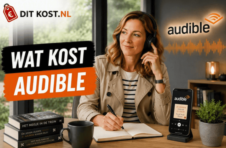 Sanne luistert met een koptelefoon naar Audible en maakt aantekeningen aan een bureau, met links de titel “Wat kost Audible” en rechts het Audible-logo.
