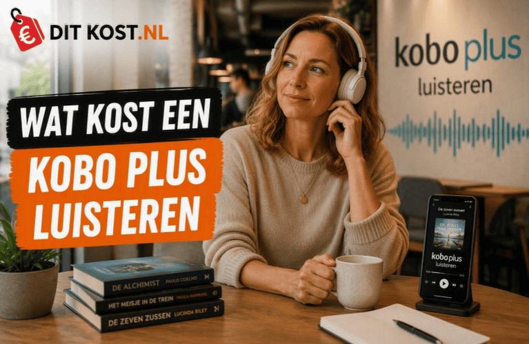 Sanne luistert met een koptelefoon naar Kobo Plus in een boekencafé, met links de titel “Wat kost een Kobo Plus Luisteren” en rechts het Kobo Plus Luisteren-logo.