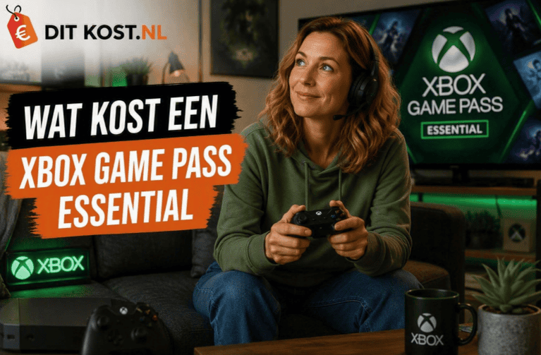 Sanne zit voorovergebogen op een bank met een Xbox-controller en gamingheadset, met links de titel “Wat kost een Xbox Game Pass Essential” en rechts Xbox Game Pass op het televisiescherm.