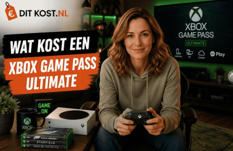Een persoon kijkt recht in de camera en houdt een Xbox-controller vast in een moderne gamingruimte, met links de titel “Wat kost een Xbox Game Pass Ultimate” en rechts het Xbox Game Pass Ultimate-logo.
