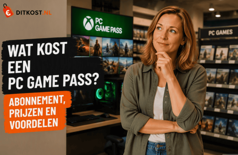 Wat kost een PC Game Pass abonnement met persoon die een gamingabonnement vergelijkt in een winkel met pc-games en gaminghardware.
