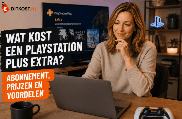 Wat kost PlayStation Plus Extra met Sanne achter een laptop in een moderne gamingruimte.