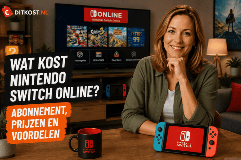 Wat kost Nintendo Switch Online abonnement met Sanne die recht in de camera kijkt aan een tafel met een Nintendo Switch-console in een gamingkamer.