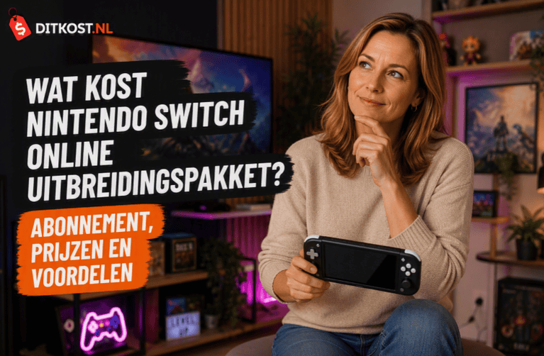 Wat kost Nintendo Switch Online Uitbreidingspakket met Sanne die een draagbare gameconsole vasthoudt in een moderne gamingkamer.