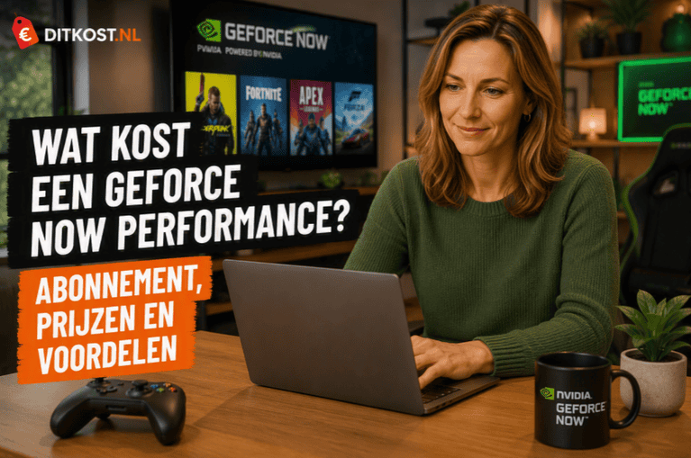 Wat kost GeForce Now Performance abonnement met Sanne die achter een laptop zit in een moderne cloudgaming- en gamingomgeving.
