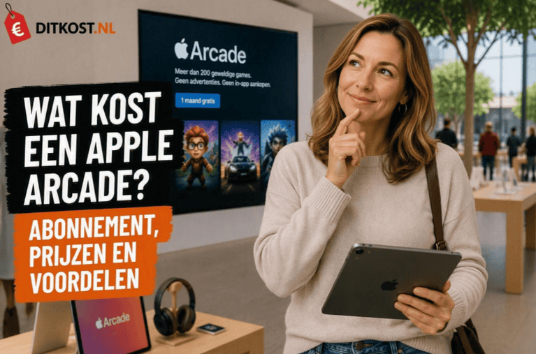 Wat kost Apple Arcade abonnement met Sanne die een tablet vasthoudt in een moderne elektronicawinkel met gaming- en Apple-producten.