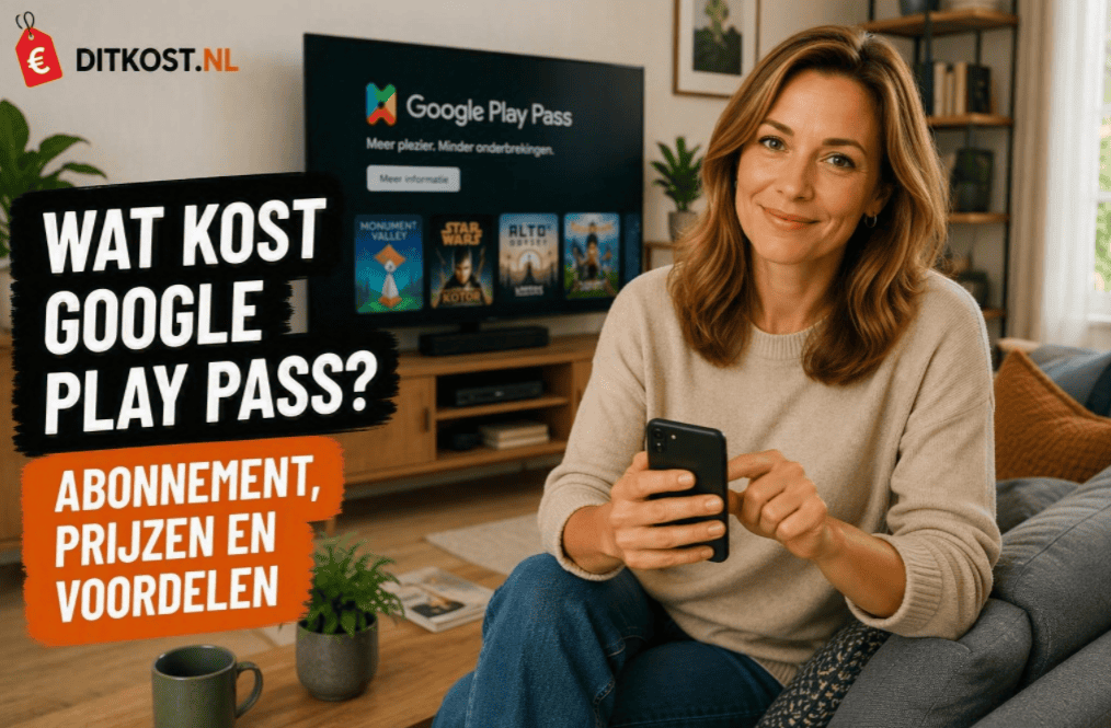 Wat kost Google Play Pass abonnement met Sanne die een smartphone gebruikt in een moderne woonkamer met smart-tv op de achtergrond.
