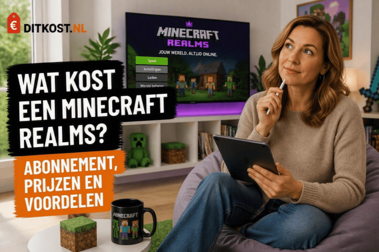 Wat kost Minecraft Realms abonnement met Sanne die een tablet vasthoudt in een gamekamer met Minecraft-gerelateerde elementen op de achtergrond.