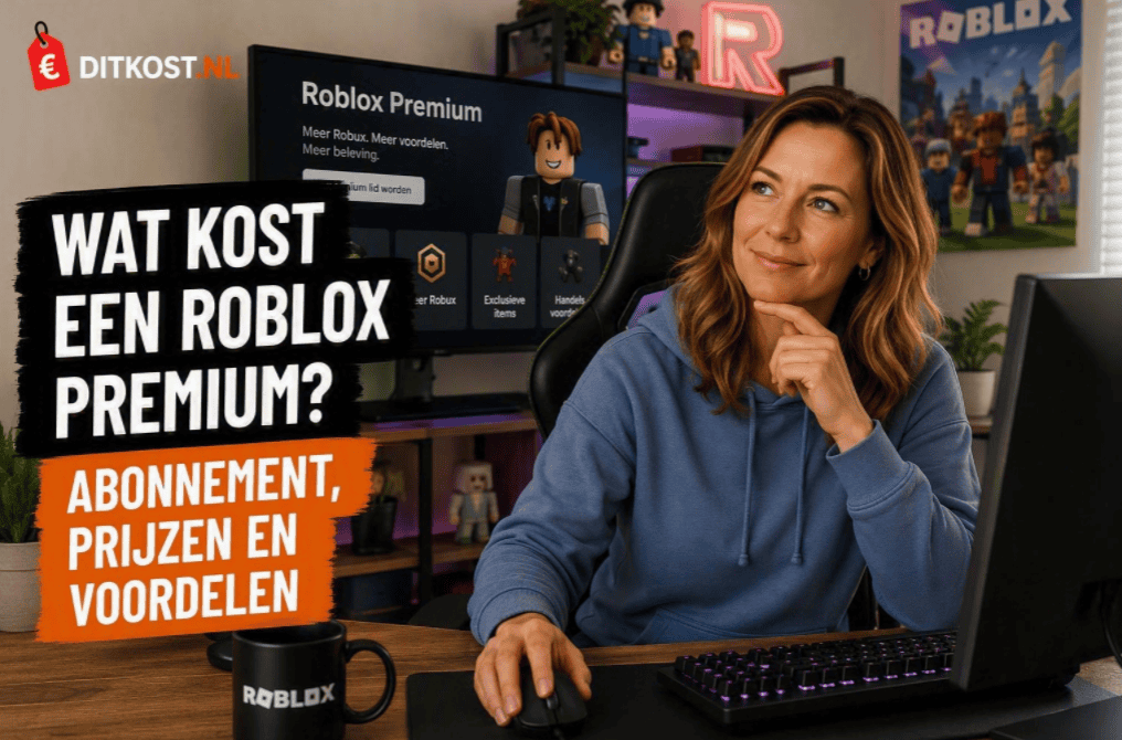 Wat kost Roblox Premium abonnement met Sanne achter een gaming-pc die abonnementen vergelijkt in een moderne gamekamer.