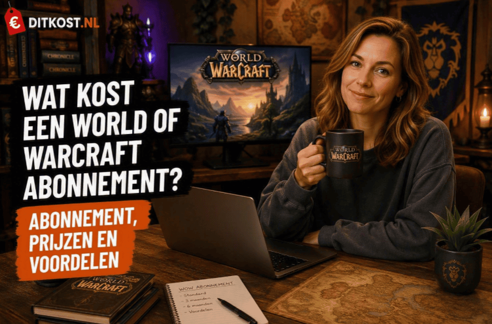 Wat kost World of Warcraft abonnement met Sanne aan een houten bureau in een fantasy-geïnspireerde gamekamer met laptop en MMORPG-elementen.