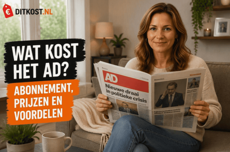 Wat kost het AD met Sanne die in een lichte woonkamer op de bank zit, de krant leest en in de camera kijkt.