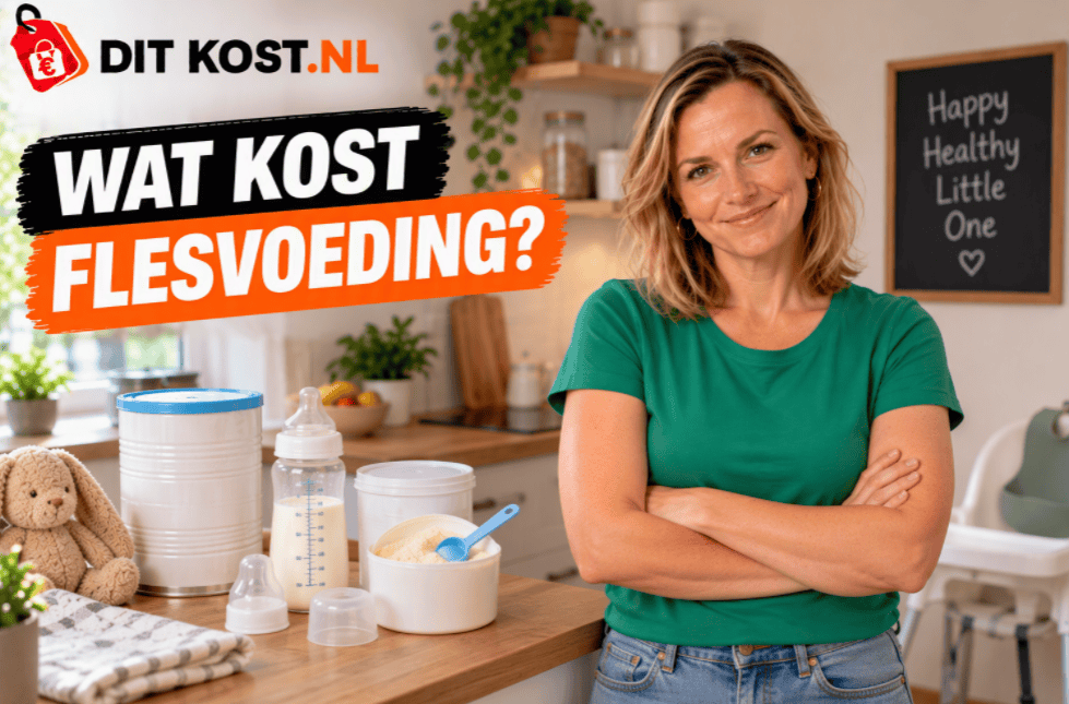 Wat kost flesvoeding? Flesvoeding, melkpoeder en babyfles in een keuken.