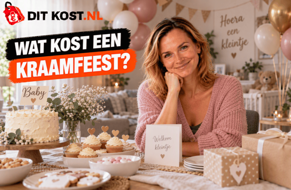 Wat kost een kraamfeest? Versierde ruimte met hapjes, taart en cadeaus.