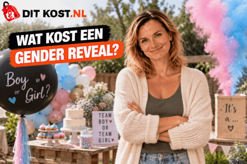 Wat kost een gender reveal? Feestelijke gender reveal met decoratie en gekleurde rook.