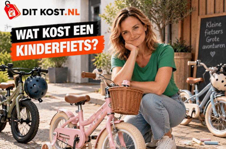 Wat kost een kinderfiets? Verschillende kinderfietsen met fietshelmen.