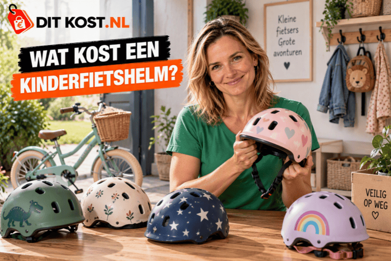Wat kost een kinderfietshelm? Verschillende kinderfietshelmen met een kinderfiets op de achtergrond.