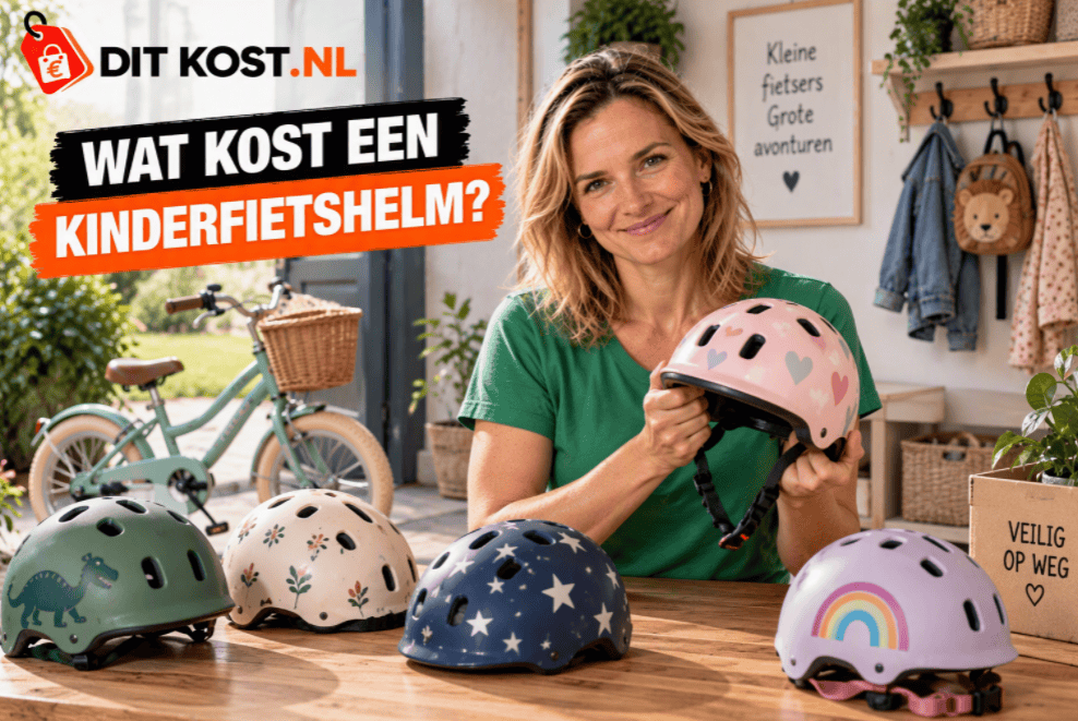 Wat kost een kinderfietshelm? Verschillende kinderfietshelmen met een kinderfiets op de achtergrond.