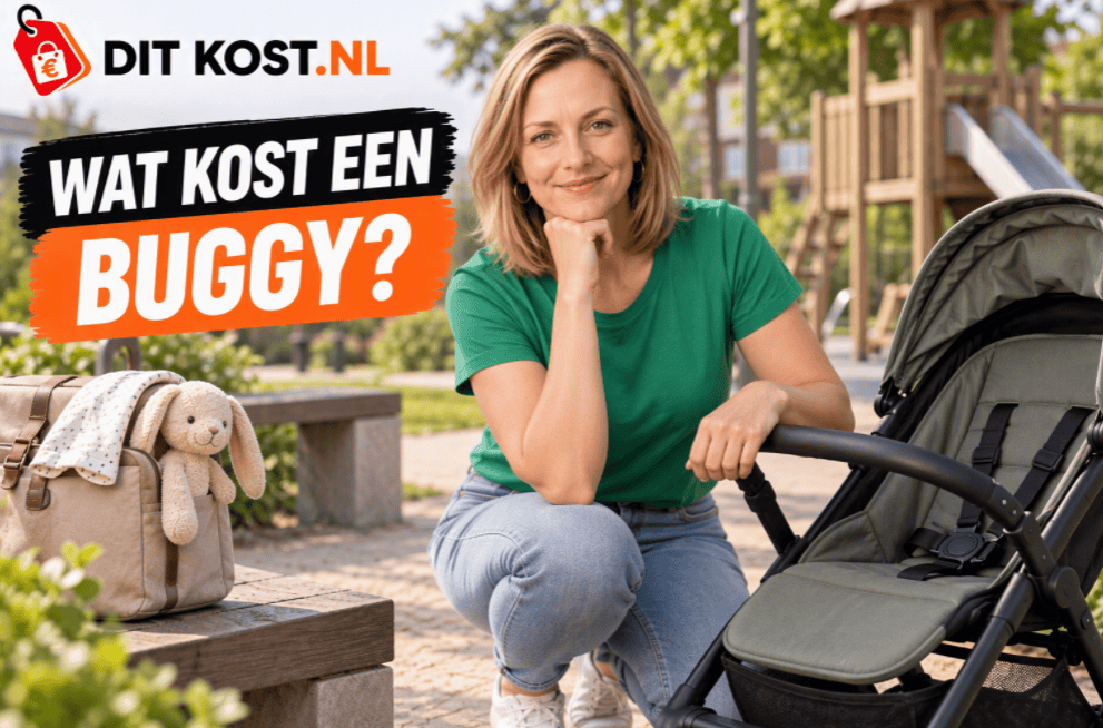 Vrouw met kinderwagen in park, promotie voor buggy prijzen op Ditkost.nl.