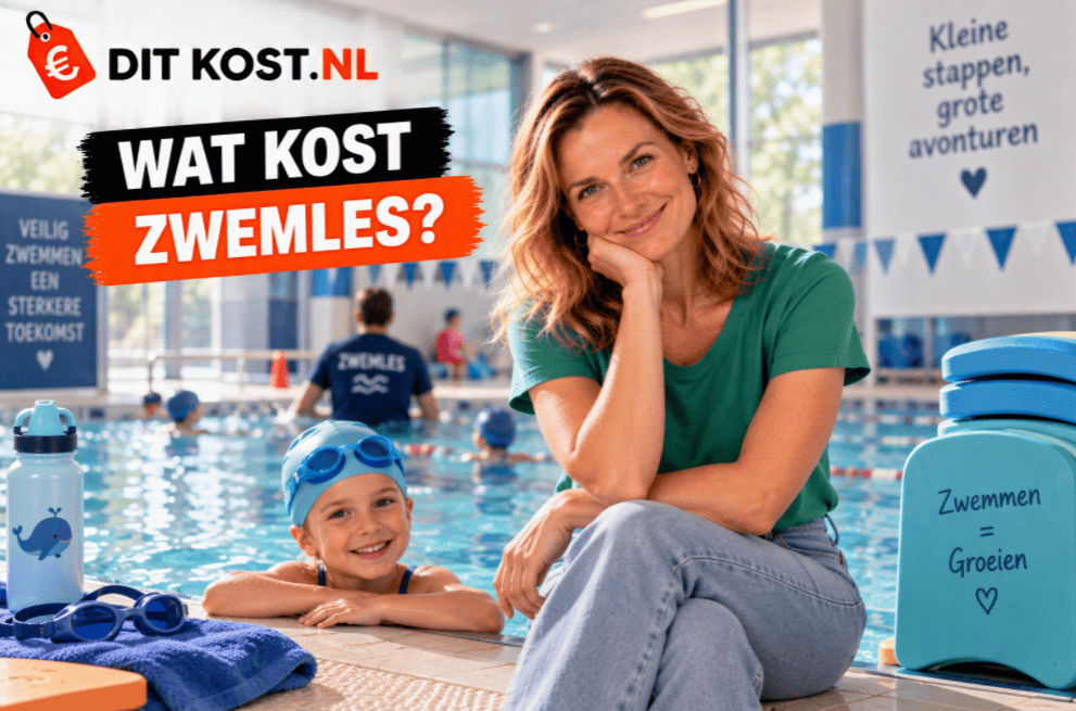 Wat kost zwemles? Zwemles in een zwembad met zwemmaterialen.