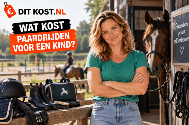Wat kost paardrijden voor een kind? Paardrijuitrusting en paard bij een manege.