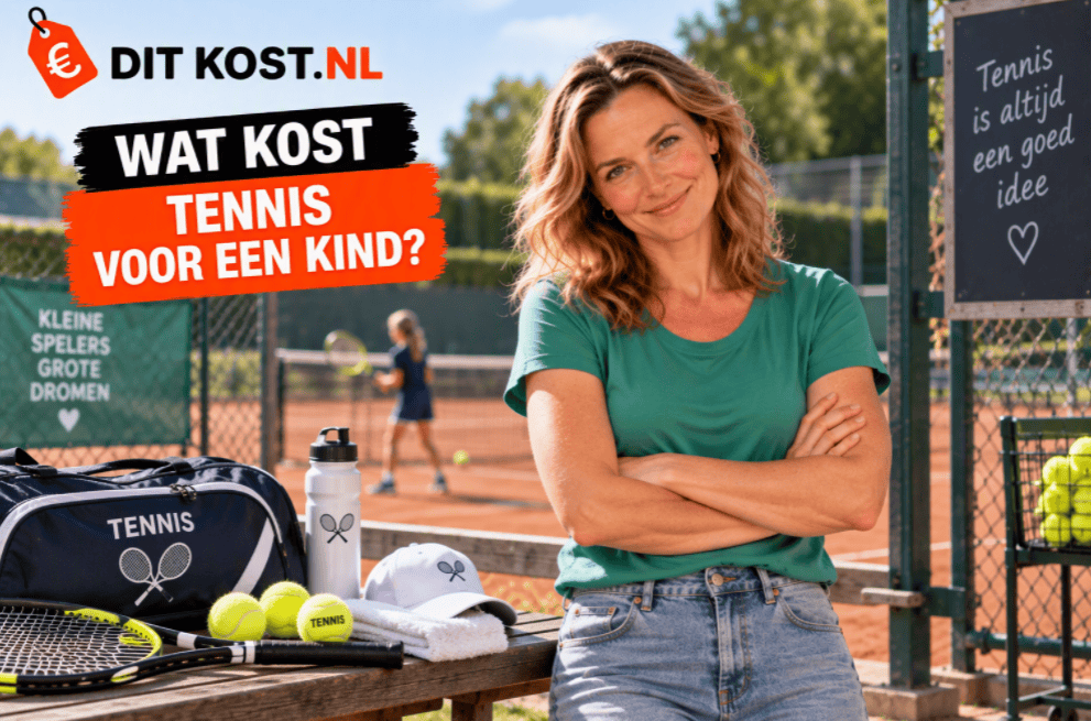 Wat kost tennis voor een kind? Tennisrackets, tennisballen en sportuitrusting bij een tennisbaan.