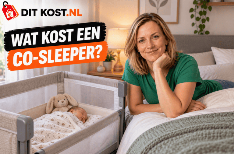 Wat kost een co-sleeper? Co-sleeper naast een bed in een slaapkamer.