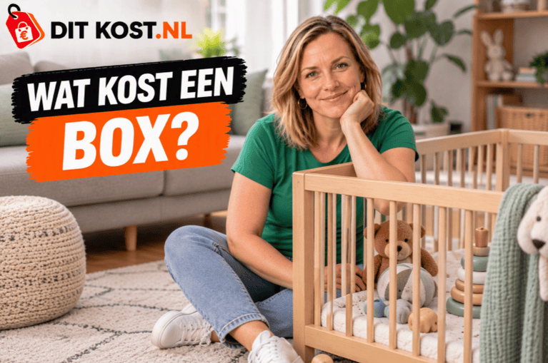 Vrouw in woonkamer met babybedje en speelgoed, promotie voor kosten van een box.